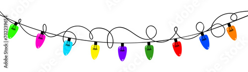 Horizontal banner - Garland in the form of multicolored light bulbs. Vector illustration on a transparent background. Frame without background. Clipart. New Year. Christmas. Birthday.