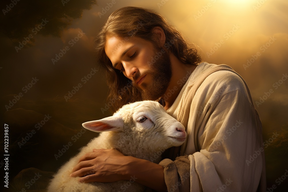 Obraz premium A tranquil hilltop scene with the Lamb of God beside a caring shepherd at dawn, symbolizing spiritual guidance, serenity, and divine protection.