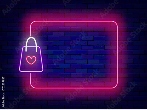 Shopping bag with heart neon poster. Valentines Day Present symbol. Gift and empty pink border. Vector illustration