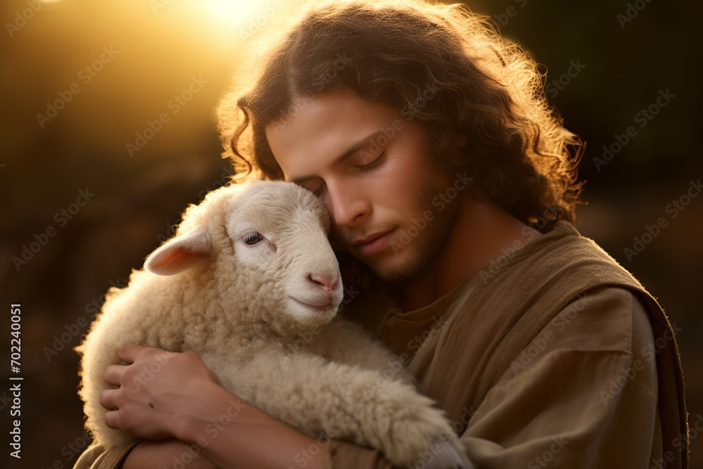 A tranquil hilltop scene with the Lamb of God beside a caring shepherd at dawn, symbolizing spiritual guidance, serenity, and divine protection. A tranquil hilltop scene with the Lamb of God beside a caring shepherd at dawn, symbolizing spiritual guidance, serenity, and divine protection.