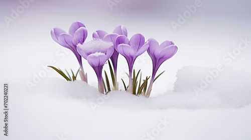 Spring snowdrops flowers violet crocuses in snow with space for text