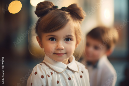 A young girl with adorable ponytails smiling gently, with soft-focus background and warm bokeh lights.