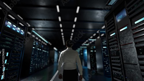 Next Big thing Metaverse. IT Administrator Activating Modern Data Center Server with Hologram.