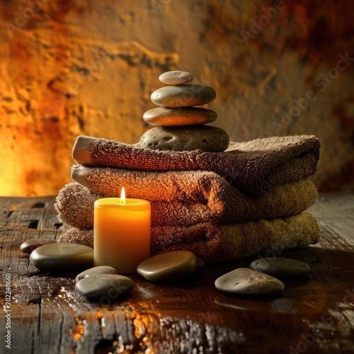 A towel  a candle  and soft stones on a wooden table
