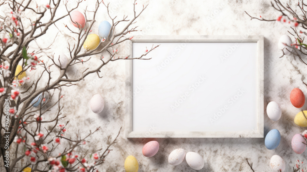 A rustic Easter arrangement with a white framed space, colored eggs, and blossoming branches on a vintage backdrop.