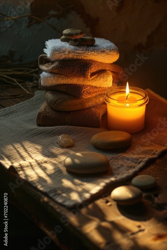 Towel, candle and soft stones on a wooden table