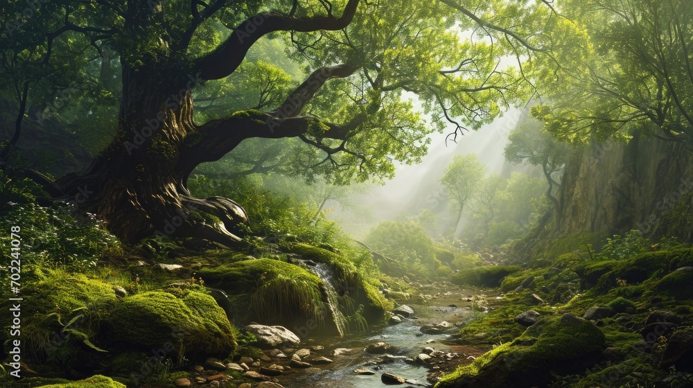 A Serene Stream Flowing Through a Lush Green Forest