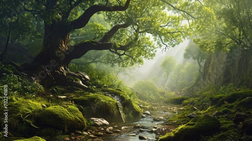 A Serene Stream Flowing Through a Lush Green Forest