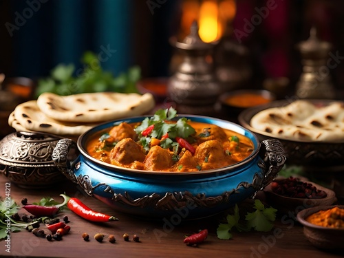 Traditional Chicken Curry Bowl with Roti / Chicken Qorma / Indian Food photo