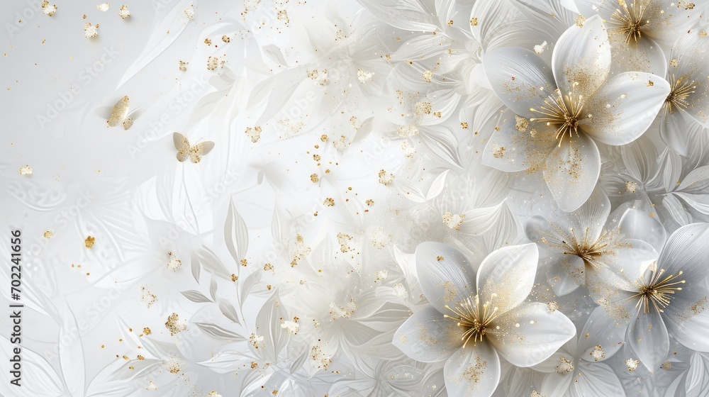White background with silver and gold flowers White background with silver and gold flowers