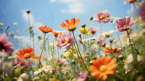 A mix of colorful flowers, including daisies and gerberas, bloom under a summer sky, creating a picturesque and lively scene.