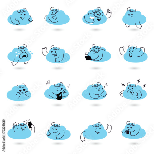 Cloud character emotions set. Vector cartoon mascot in different mood. Stickers with cute cloudy emojis. Isolated on white background.