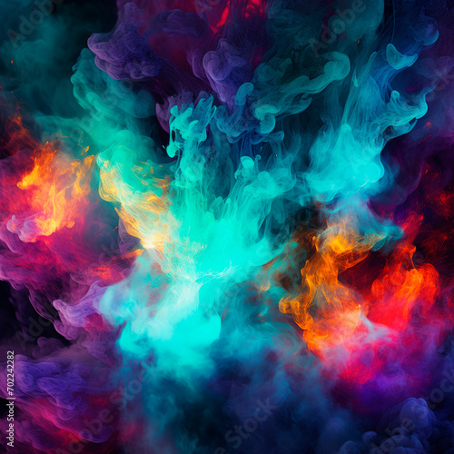 A spectacular explosion of multicolored red, blue, yellow and pink colors, in slow motion, creates a bright and dynamic image. The energy of life and inspiration