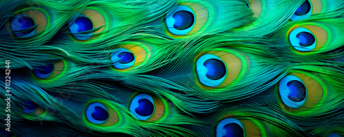Close-up of bright and shimmering peacock tail feathers in blue, green and turquoise colors. Graceful and elegant abstract background. Wildlife. Banner. Copy space