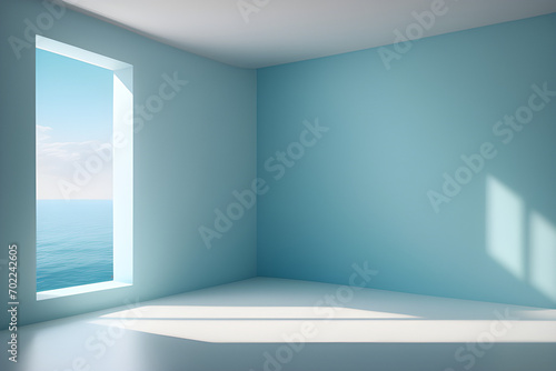 Minimal abstract Sky Blue background for product presentation. Shadow and light from windows on plaster wall, background minimal conceptual 3D rendering