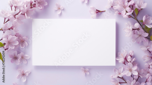 Elegant white blank card surrounded by cherry blossoms on a soft purple background, perfect for springtime messages.