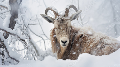 Snowy Summit Stroll: Goat in the Winter Snowfall