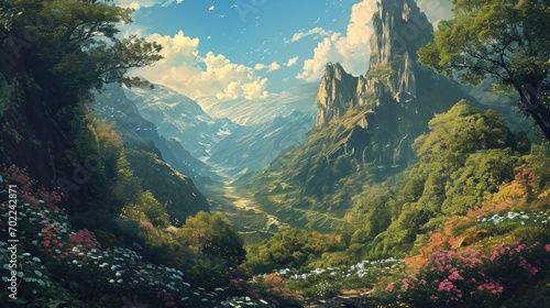 A Majestic Mountain Landscape with Vibrant Flora