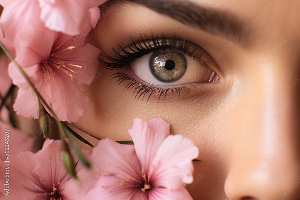Close-Up Photo of a Woman with Beautiful Eyes Holding Pink Flowers Close-Up Photo of a Woman with Beautiful Eyes Holding Pink Flowers