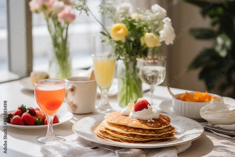 A cozy Easter brunch display featuring a delicious spread with pancakes, smoked salmon, poached eggs, and mimosas topped with fresh strawberries.