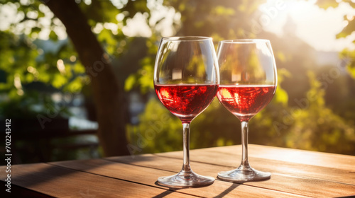 Two glasses of red wine bask in the warm, golden light of sunset, set outdoors with a backdrop of greenery.
