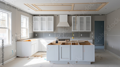 Assembly of kitchen furniture during kitchen remodeling in new home