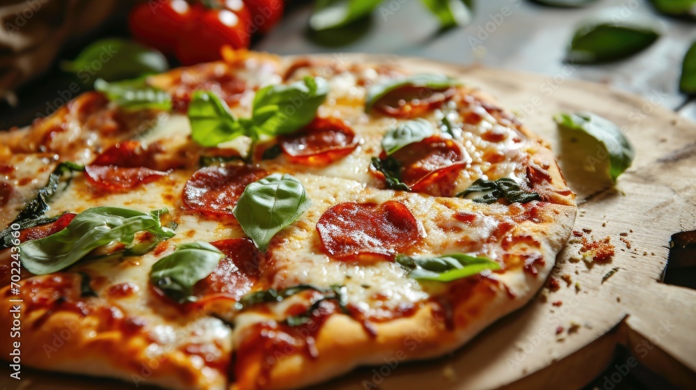 A Delicious Slice of Pizza on a Rustic Wooden Cutting Board A Delicious Slice of Pizza on a Rustic Wooden Cutting Board