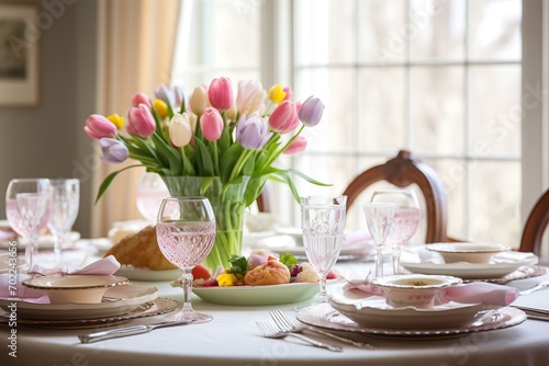 A cozy Easter brunch display featuring a delicious spread with pancakes, smoked salmon, poached eggs, and mimosas topped with fresh strawberries.