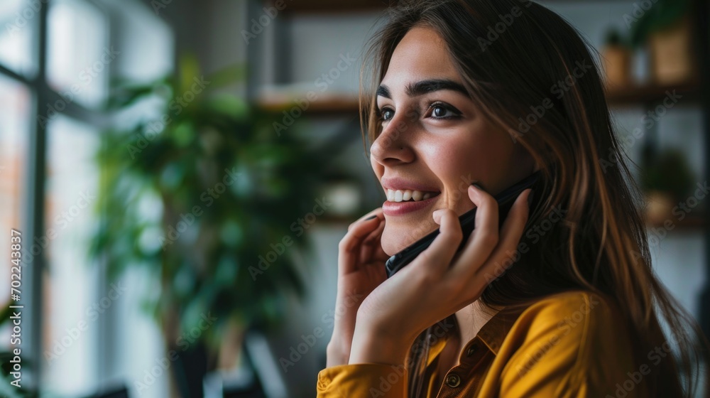 A Woman Having a Phone Conversation Next to a Lush Potted Plant A Woman Having a Phone Conversation Next to a Lush Potted Plant