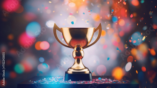 Golden trophy cup on a sparkling bokeh background with scattered confetti, representing success.