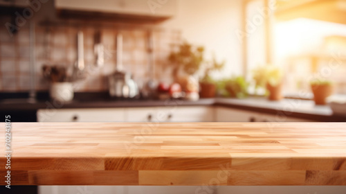 Empty wooden table with a blurred background of a warm, inviting kitchen space.