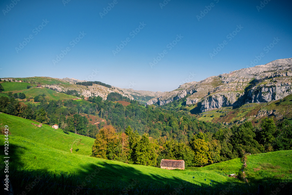 Panoramic view of the Pas Valleys, Miera Valley. Cantabria, Spain.