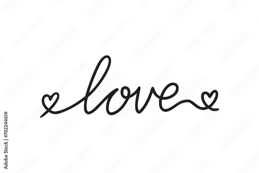 LOVE. Continuous line script cursive text love. Lettering vector illustration for poster, card, banner valentine day, wedding. Hand drawn word - love with doodle heart. Vector illustration. 