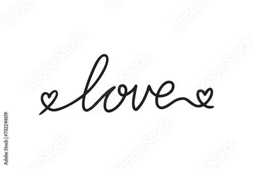 LOVE. Continuous line script cursive text love. Lettering vector illustration for poster, card, banner valentine day, wedding. Hand drawn word - love with doodle heart. Vector illustration. 