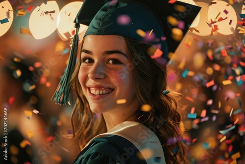 A jubilant woman, dressed in a graduation cap and gown, beams with pride and excitement as she stands in front of a sparkling christmas tree, symbolizing the beginning of a new chapter in her life