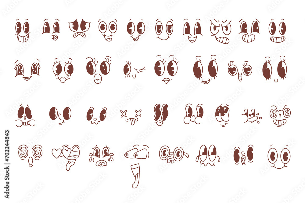 Set of retro cartoon mascot characters. Vintage funny faces with emotions of joy, fun, surprise or cunning. Funny avatars with big eyes and mouth. Vector  - obrazy, fototapety, plakaty 