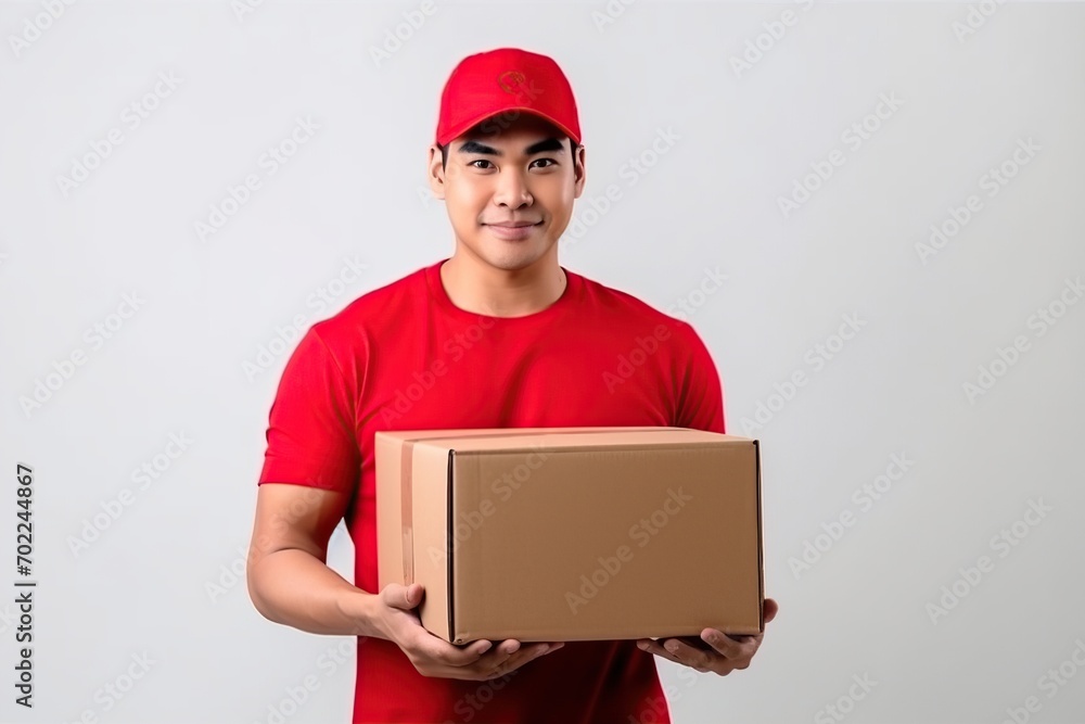 Friendly courier in a red cap and polo shirt offering a package, isolated on a white background with copy space. Friendly courier in a red cap and polo shirt offering a package, isolated on a white background with copy space.