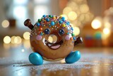 An adorable donut toy with a friendly animal face, intricately decorated for indoor playtime fun