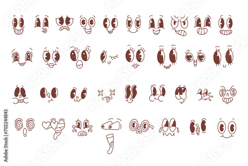 Set of retro cartoon mascot characters. Vintage funny faces with emotions of joy, fun, surprise or cunning. Funny avatars with big eyes and mouth. Vector 