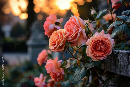 A vibrant bouquet of delicate pink garden roses bloom gracefully among lush green foliage, radiating natural beauty and inviting a sense of serenity and joy in the outdoor garden