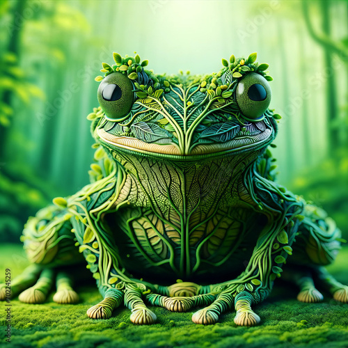 A whimsical, animated style frog with a skin pattern that looks like a rainforest canopy. © FantasyLand86