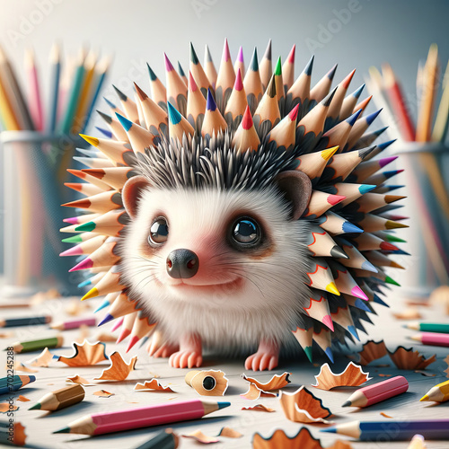 A whimsical, animated style hedgehog with quills that are pencil tips. photo