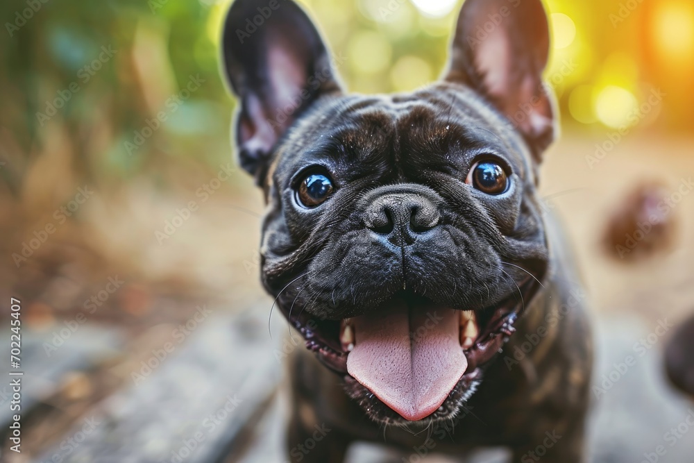 A playful french bulldog sticks out its tongue, basking in the sun's warmth and embodying the charm and spirit of its breed