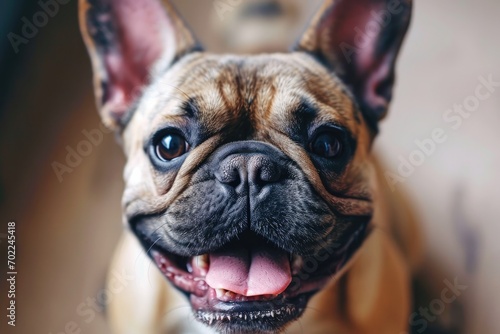 A furry mammal with a wrinkled snout, belonging to the dog breed of french bulldogs and pugs, gazes at the camera with pure adoration, making the perfect indoor pet for any non-sporting group enthusi photo