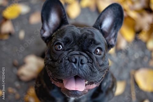 A playful black french bulldog with its tongue out, enjoying the great outdoors as a beloved pet in the nonsporting group photo