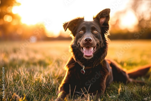 A happy brown puppy enjoys the warmth of the sun, basking in a field of green grass, while gazing up at the endless blue sky, with its tongue playfully sticking out © AiAgency