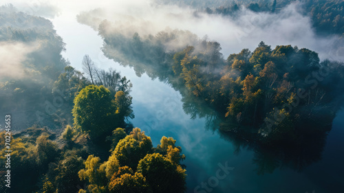 aerial view in the morning on a misty lake