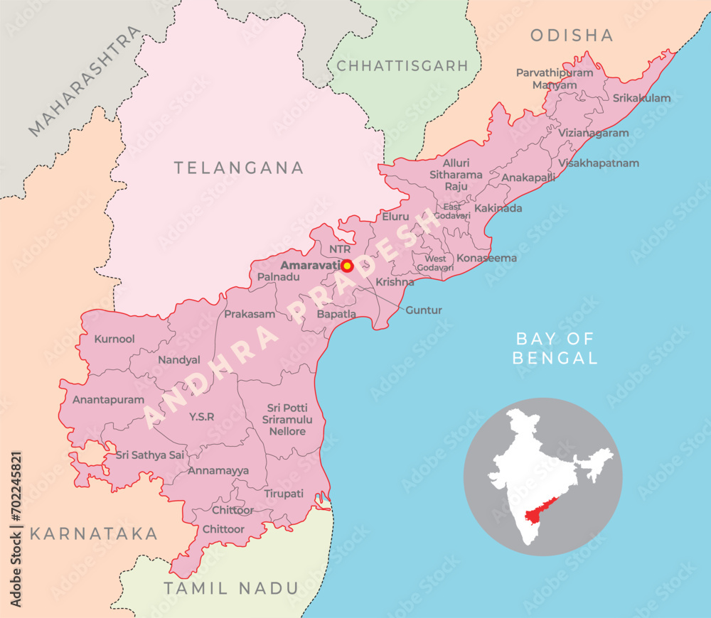 Obraz premium Andhra Pradesh district map with neighbour state