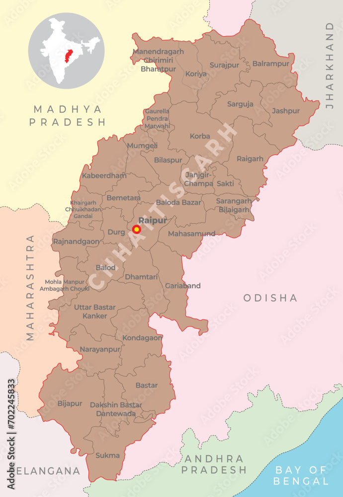 Chhattisgarh district map with neighbour state - obrazy, fototapety, plakaty 