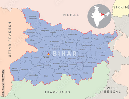 Bihar district map with neighbour state and country
